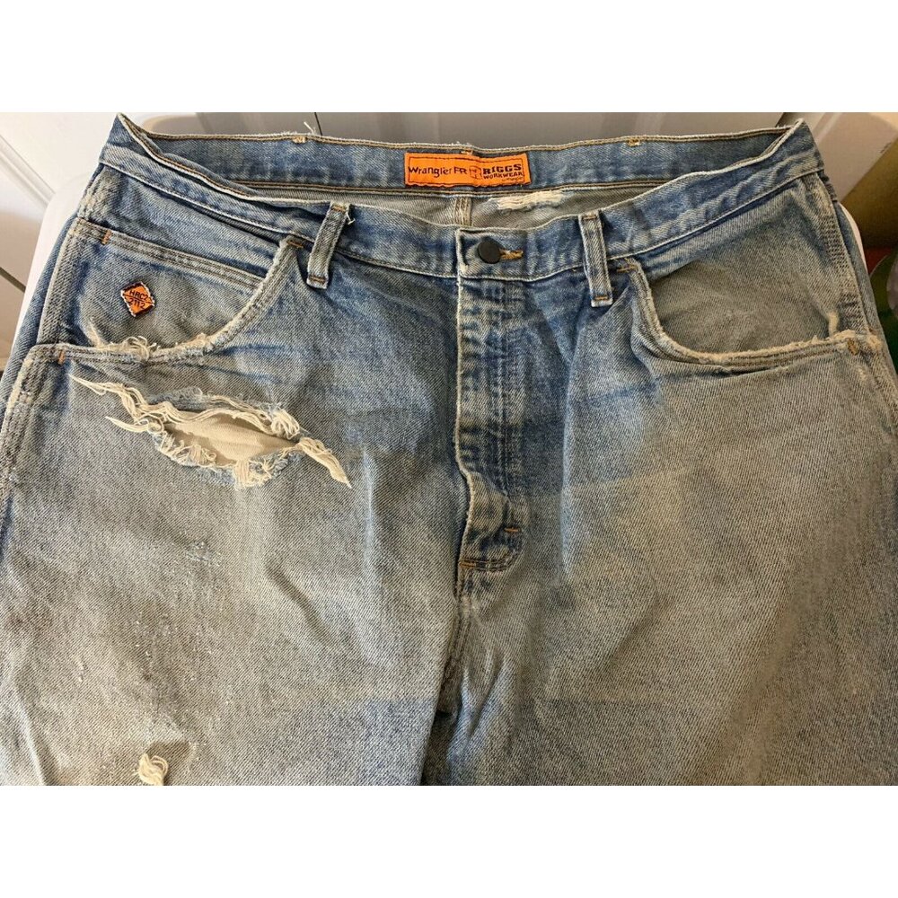 WRANGLER FR Jeans Men’s Sz 38 x 32‎ Distressed Torn Frayed Flame Resistan…